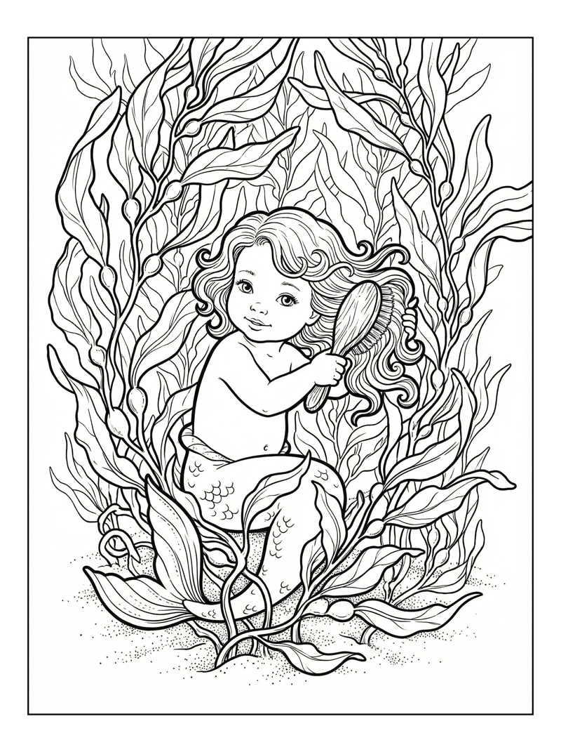 Baby Mermaid Brushing Hair Kelp Forest