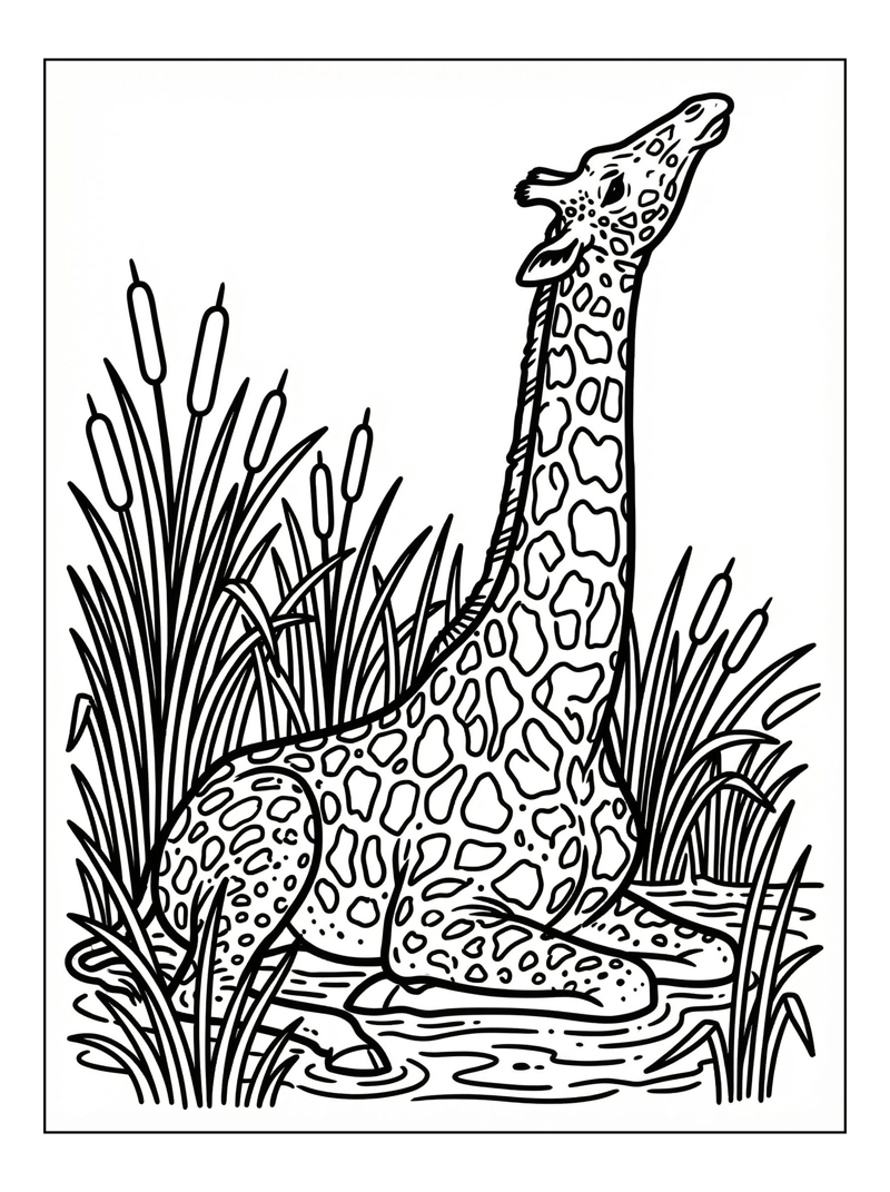 Masai Giraffe Rests By Watering Hole