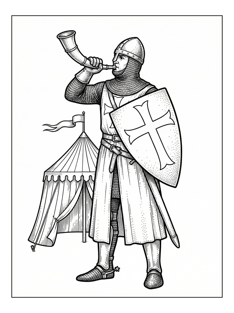 Templar Knight Blows Horn By Tent