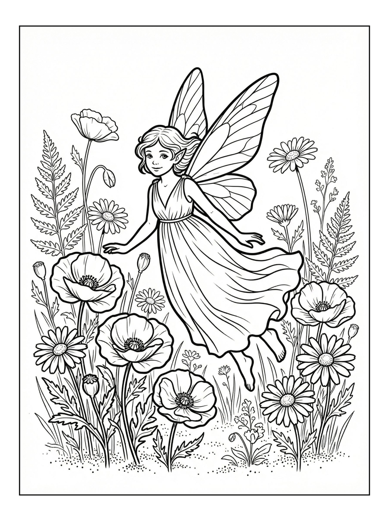 Friendly Pixie Flying Amidst Wildflowers