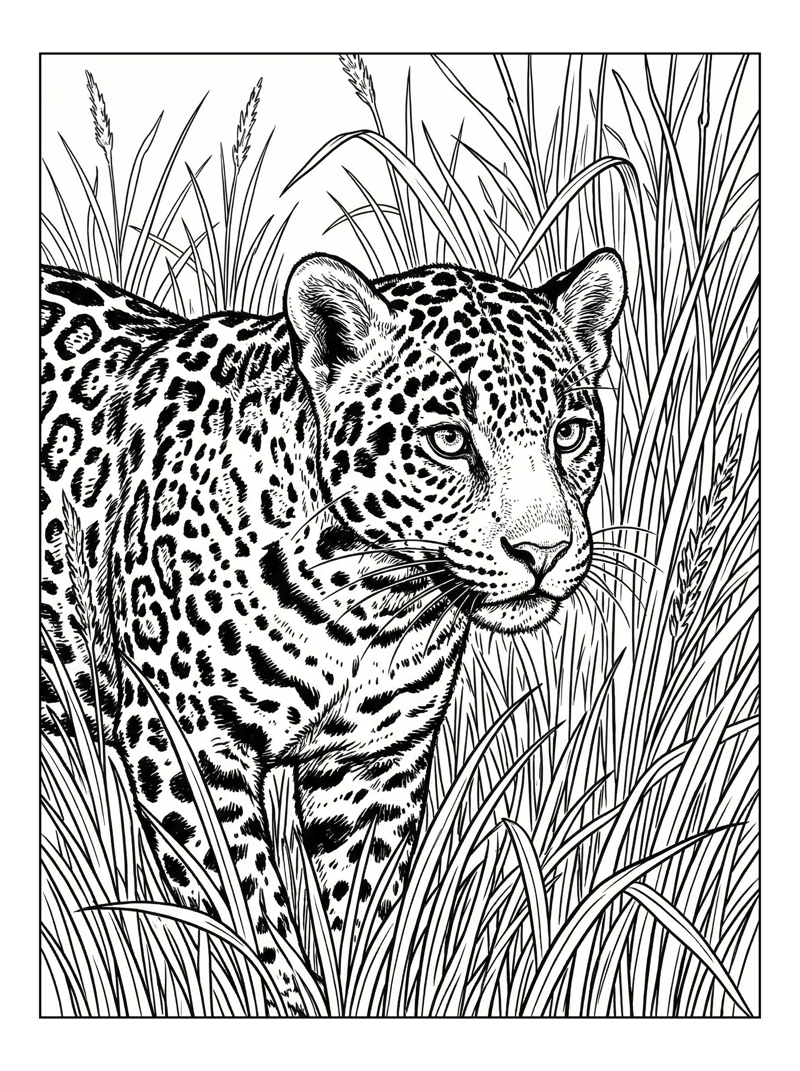 Jaguar Peeking Through Tall Grass