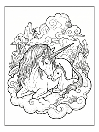 Mother Unicorn And Foal In Clouds