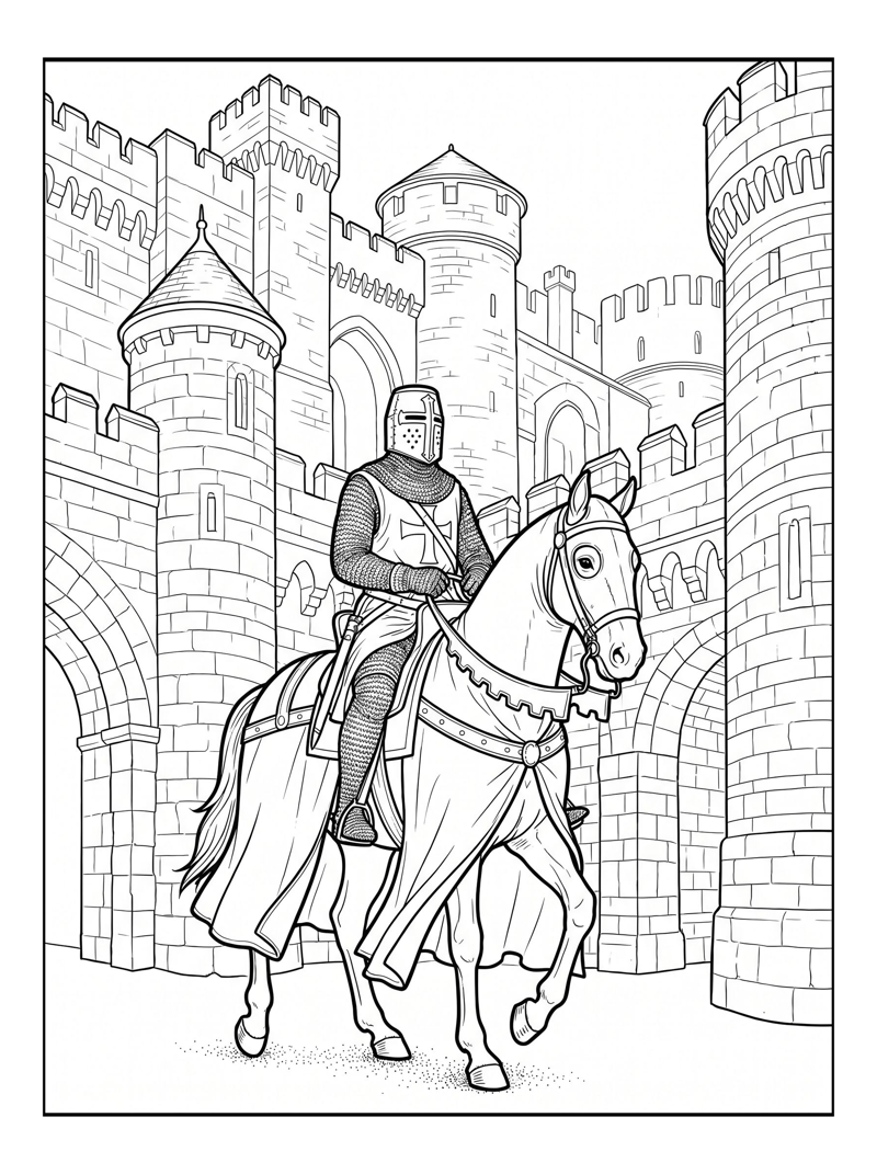 Coloring page of Valiant Crusader Riding Horse Castle
