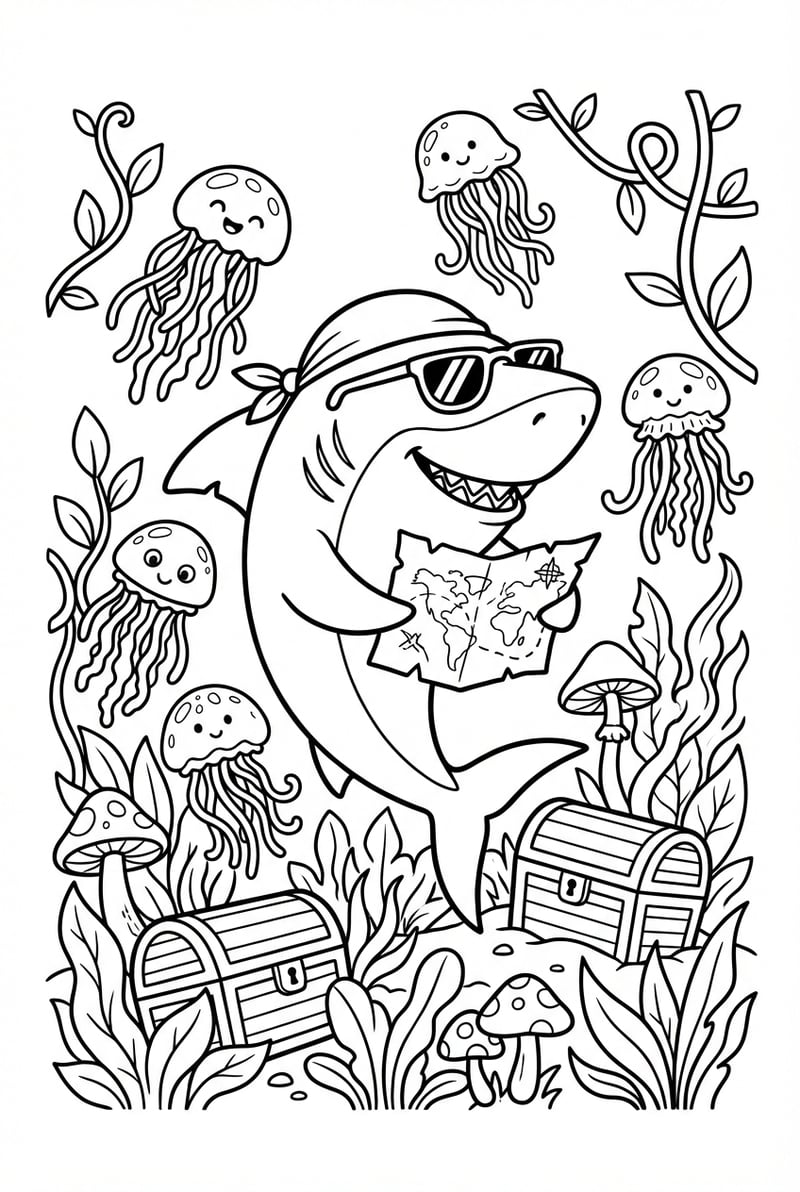 Shark With Map Jellyfish And Treasure Chests