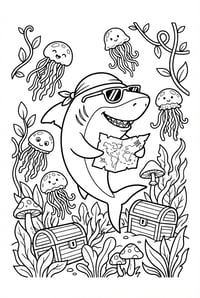 Shark With Map Jellyfish And Treasure Chests
