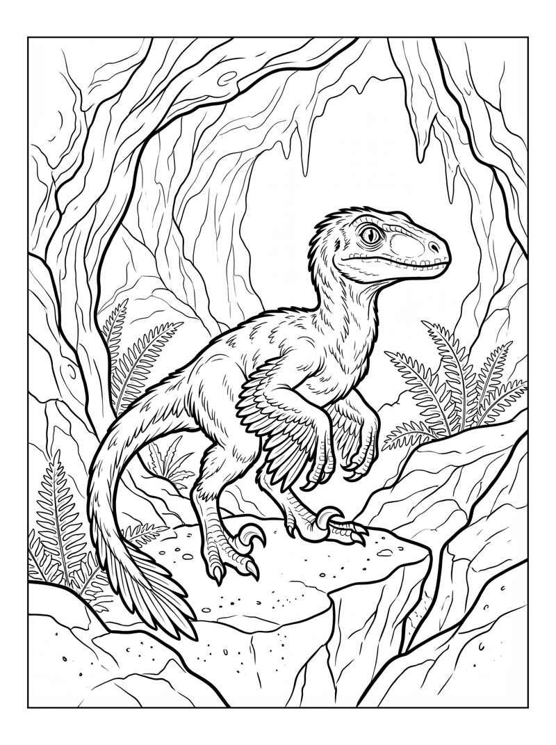 Baby Velociraptor Perching In Cave