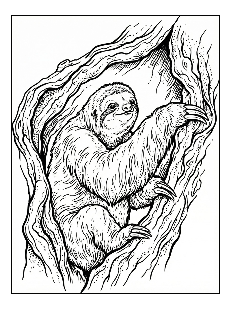 Pale Throated Sloth Reaches Out From Tree Hollow