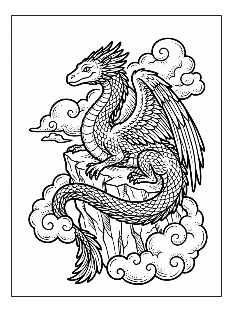Dragon Perched On Cliff With Clouds