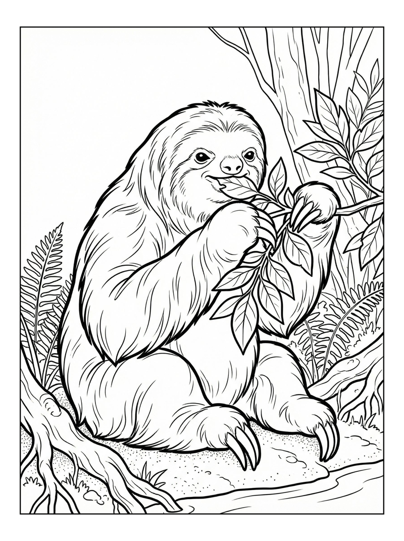 Maned Sloth Eating River Bank