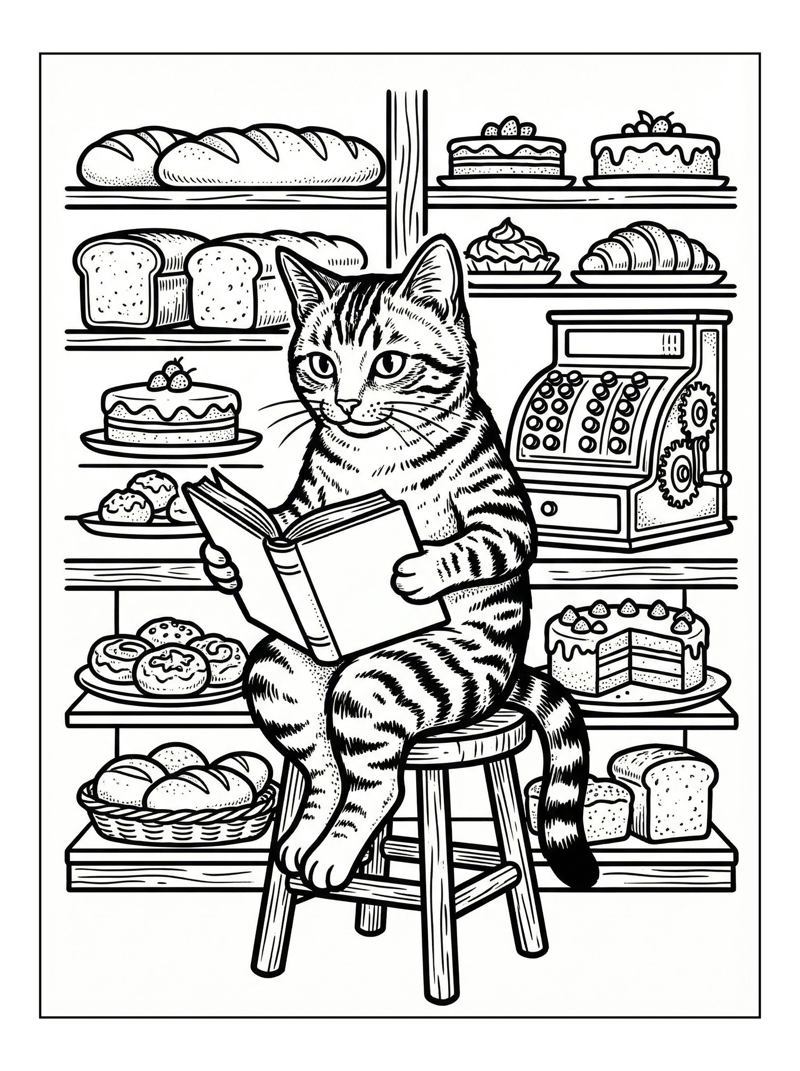 Tabby Cat Reading Book In Bakery