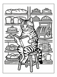 Tabby Cat Reading Book In Bakery