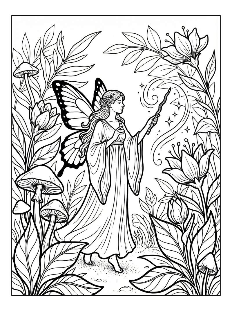 Coloring page of Garden Fairy Casting Spell In Enchanted Forest