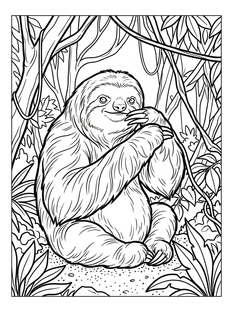 Maned Sloth Grooming In Jungle Trees