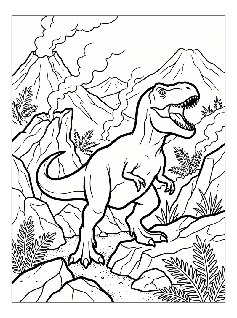 Baby T Rex Roaring Volcanic Landscape