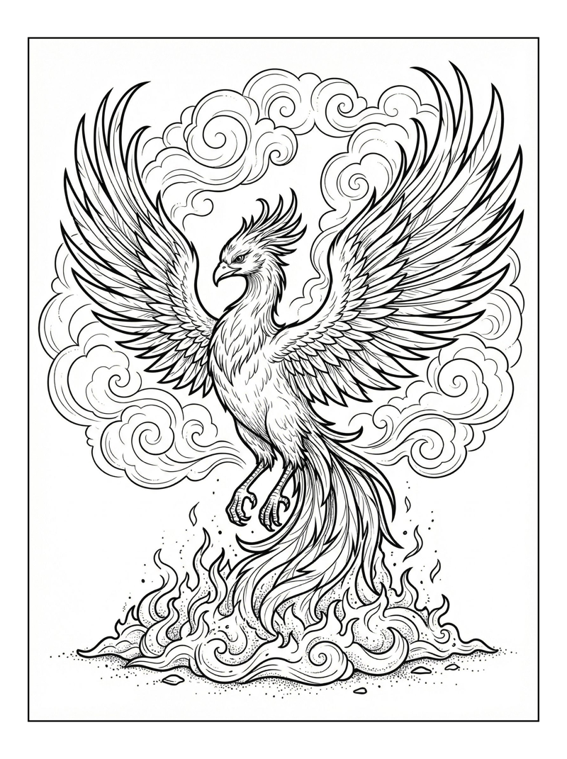 Phoenix Rising From Ashes And Clouds