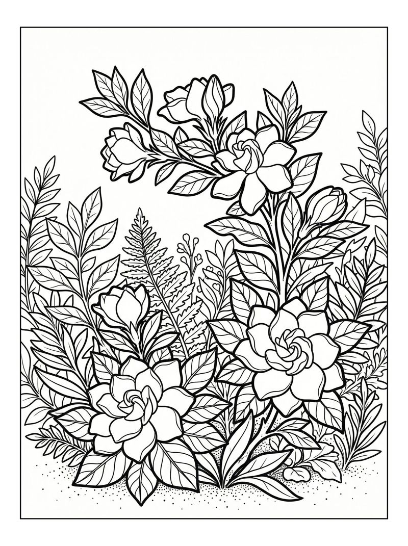Coloring page of Graceful Gardenias Arching In Garden