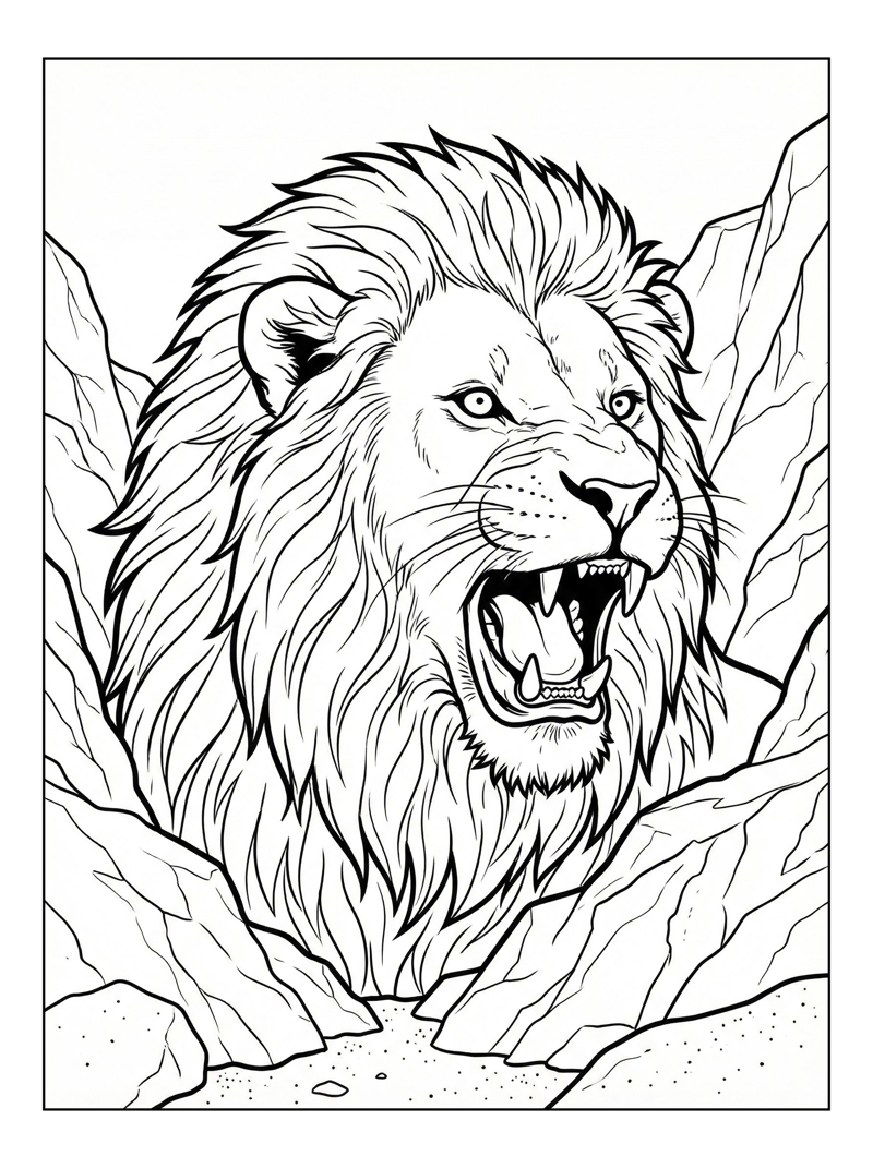 African Lion Roaring Among Rocks