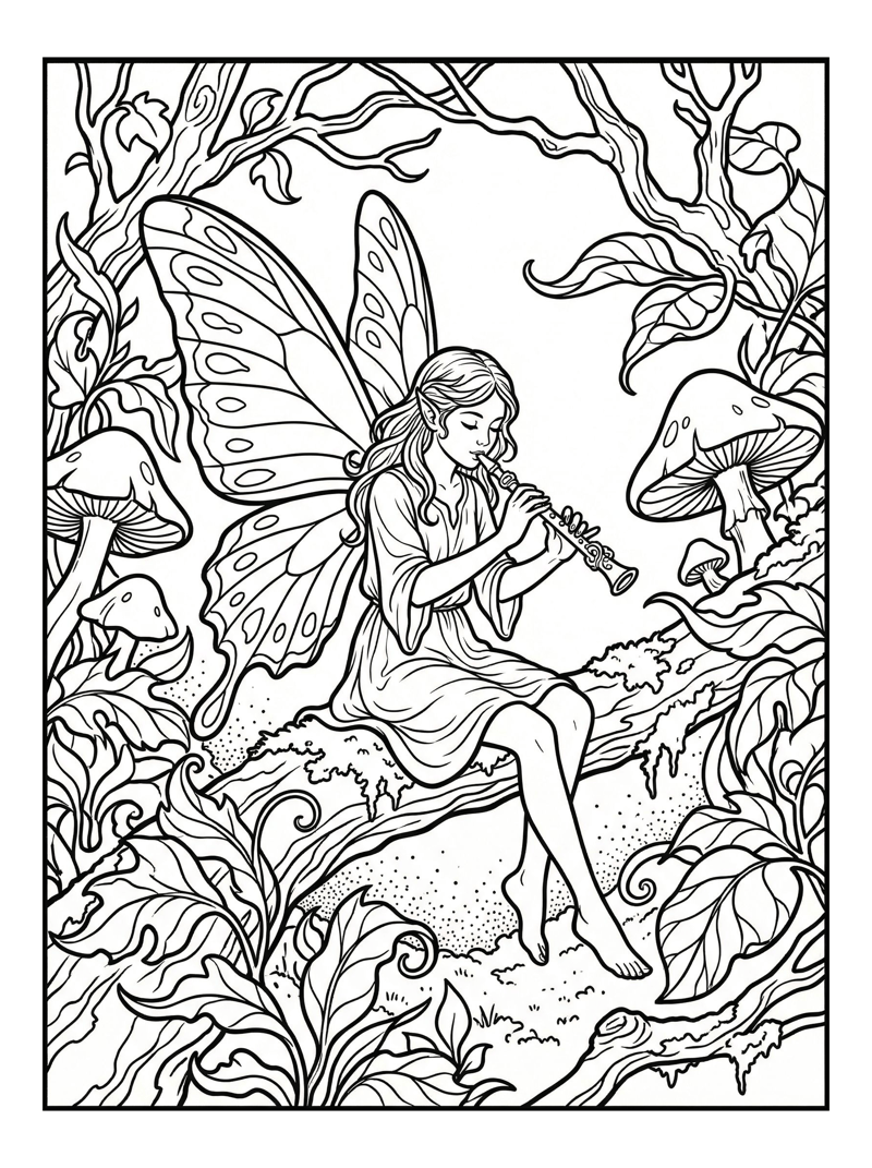 Butterfly Fairy Playing Flute Enchanted Forest
