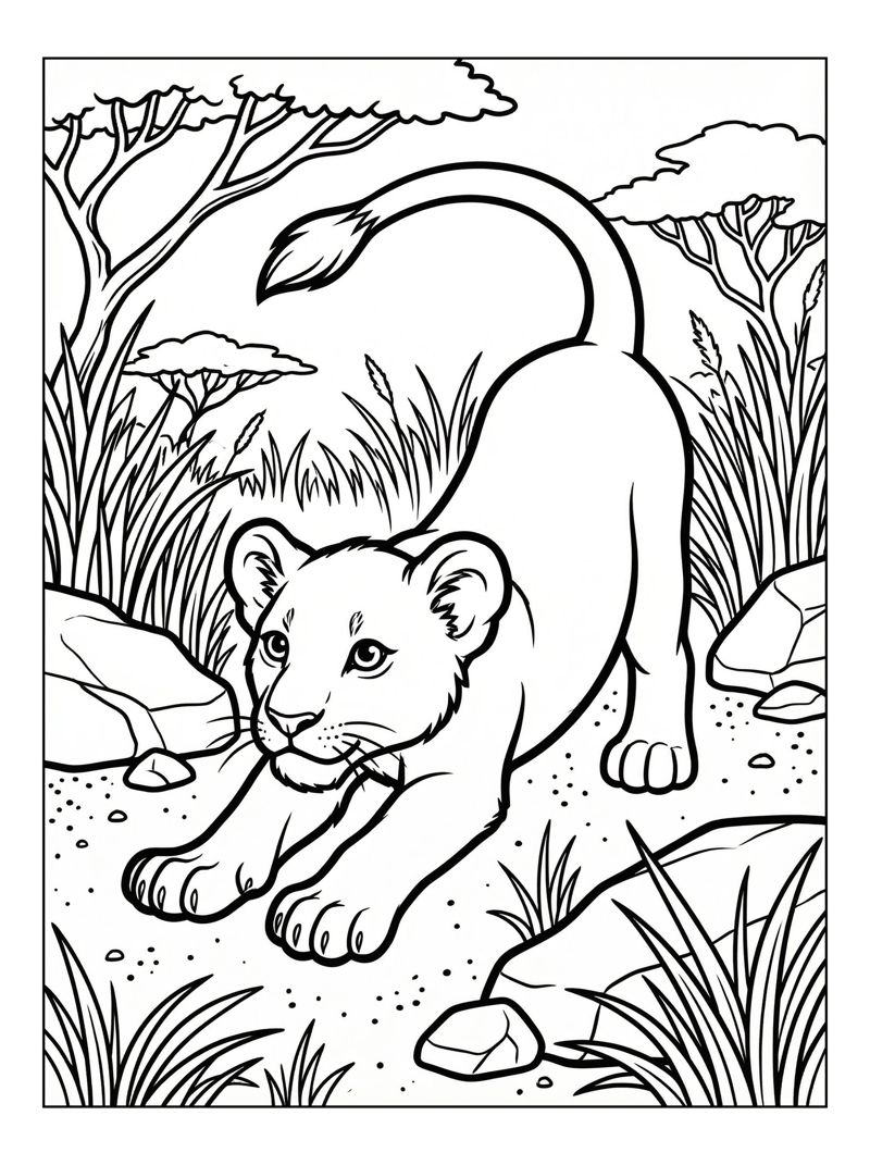 Lion Cub Stretching In Savanna Grass