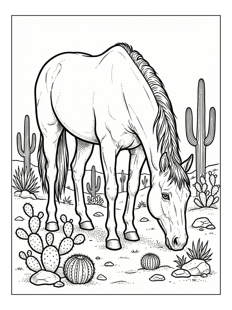 Dutch Warmblood Horse Grazing In Desert Landscape