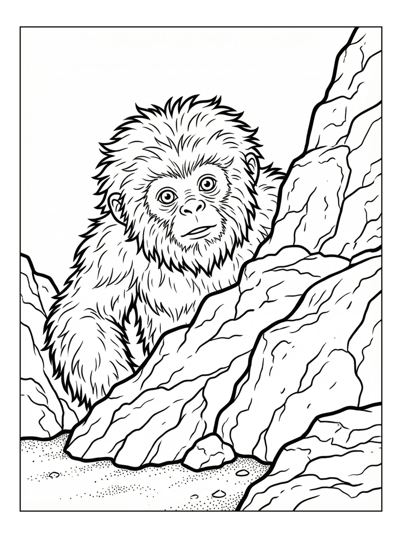 Baby Yeti Observing Rocky Ridge Scene