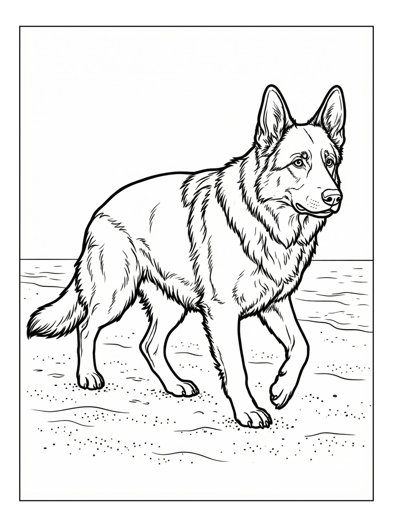 German Shepherd Walking On Sandy Beach