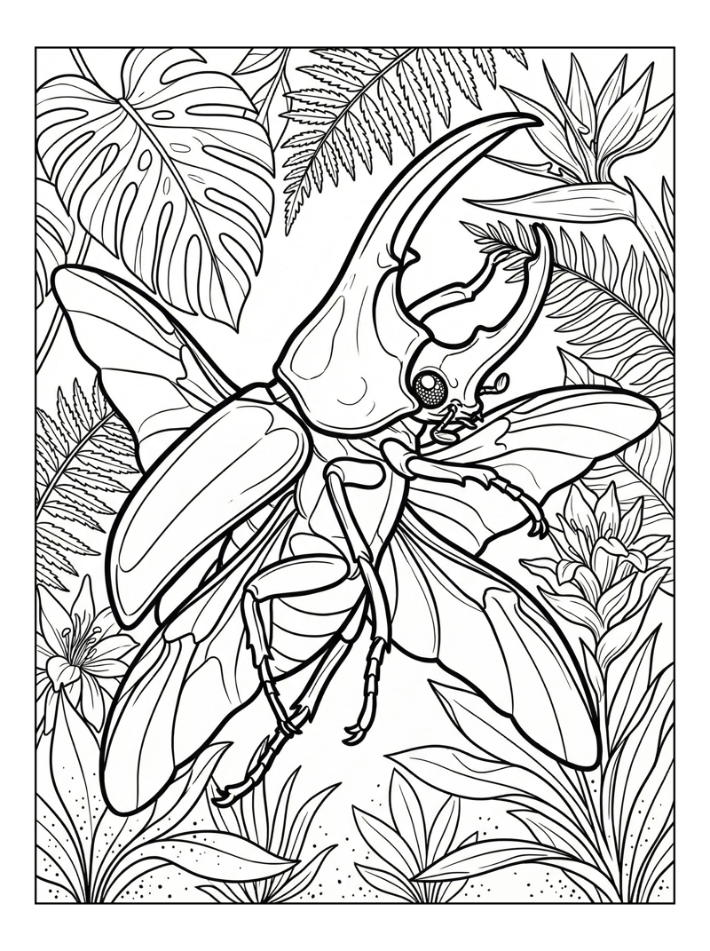 Coloring page of Hercules Beetle Flying Tropical Foliage