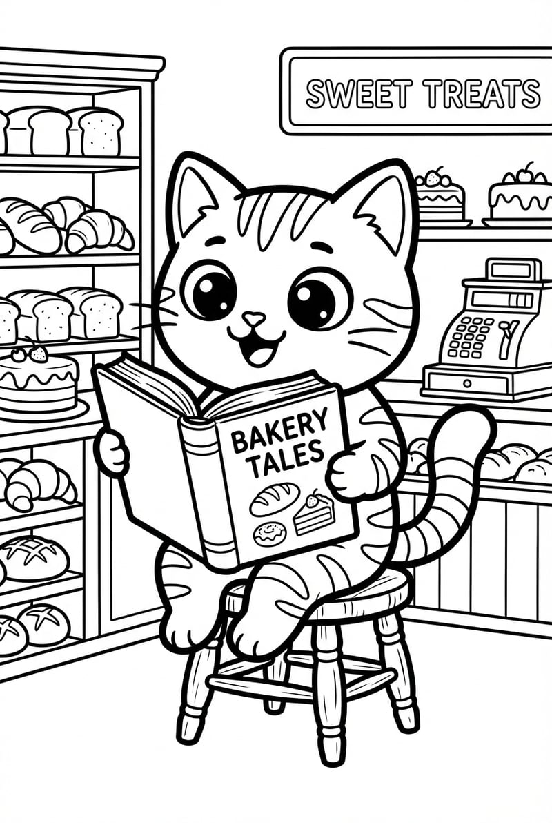 Tabby Cat Reading Book In Sweet Bakery