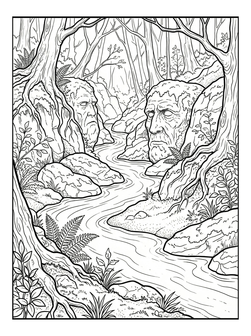 Stone Faces Watch Over Forest Brook