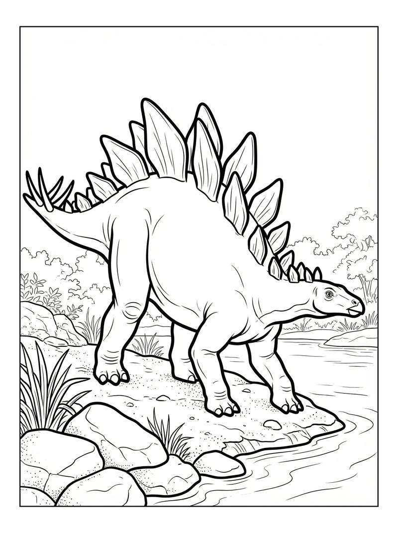 Stegosaurus Wandering River Bank