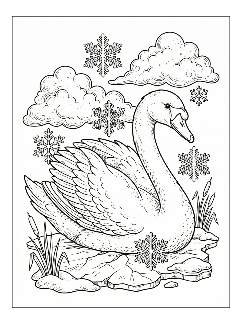 Swan Gliding Winter Snowscape