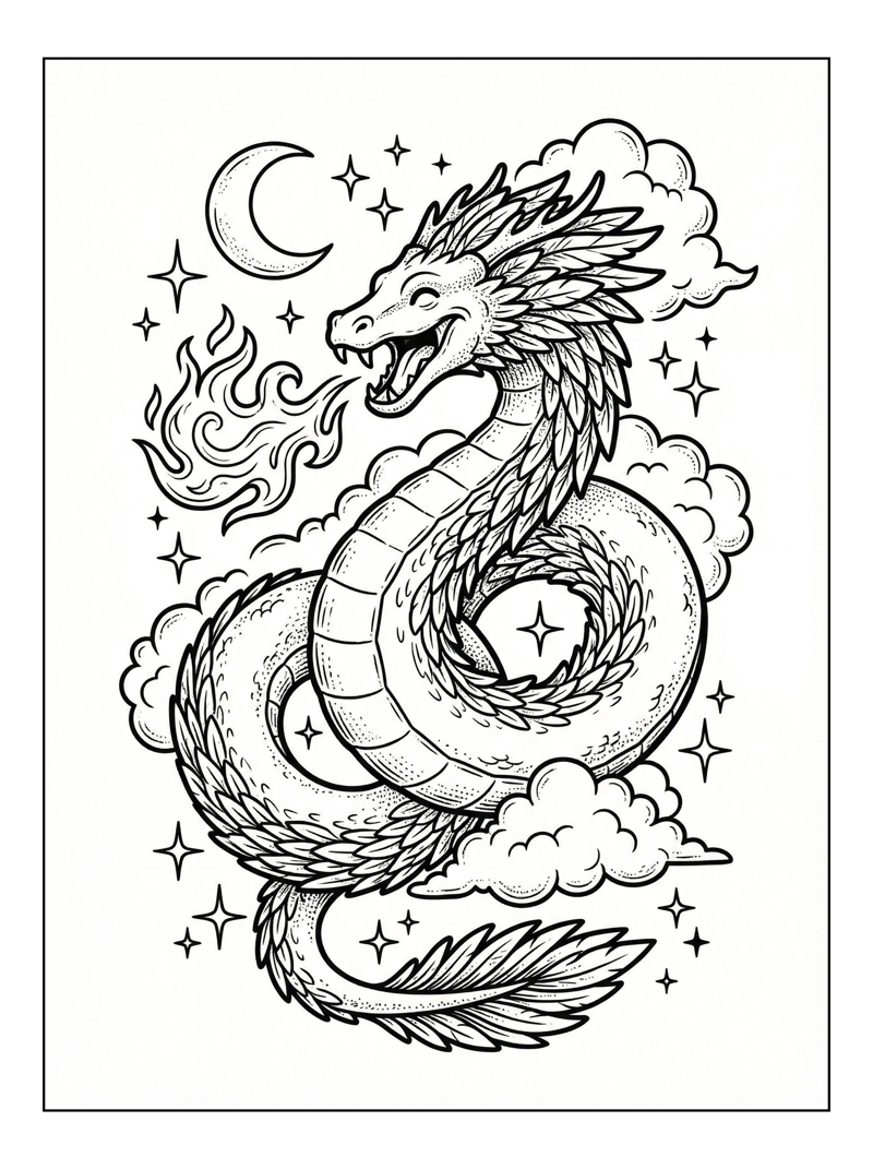 Feathered Dragon Breathes Fire Moon Stars