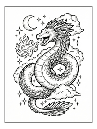 Feathered Dragon Breathes Fire Moon Stars
