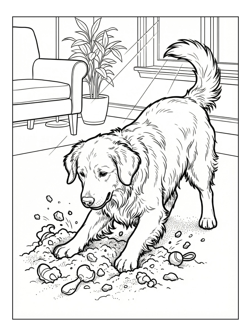 Golden Retriever Digging In Living Room