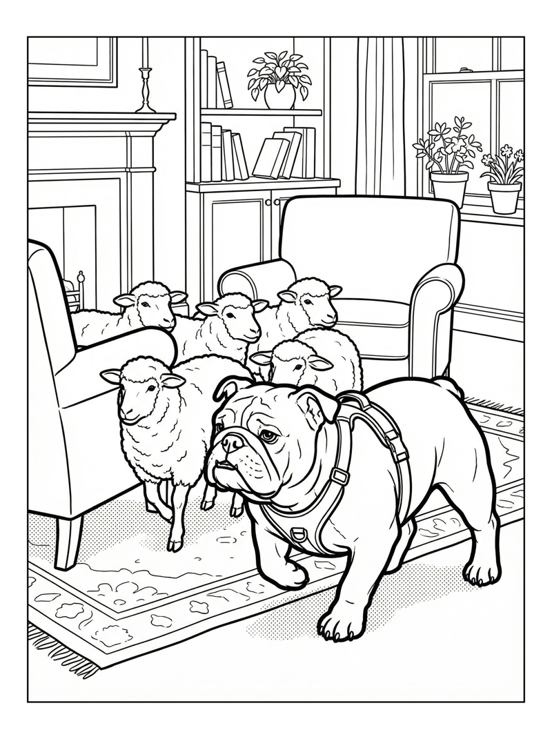 Bulldog Herding Sheep In Living Room