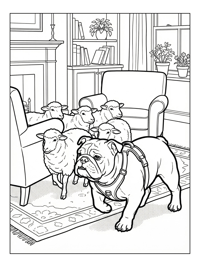 Bulldog Herding Sheep In Living Room