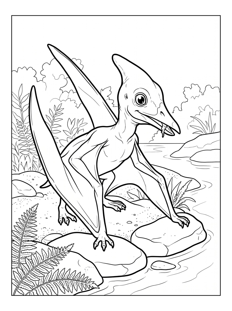Baby Pterodactyl Feeding Riverbank Scene