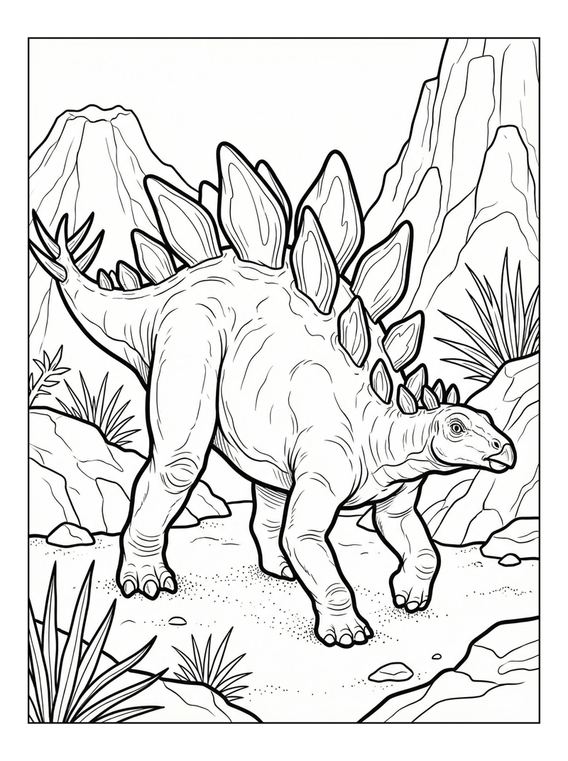 Stegosaurus Walking Volcanic Landscape