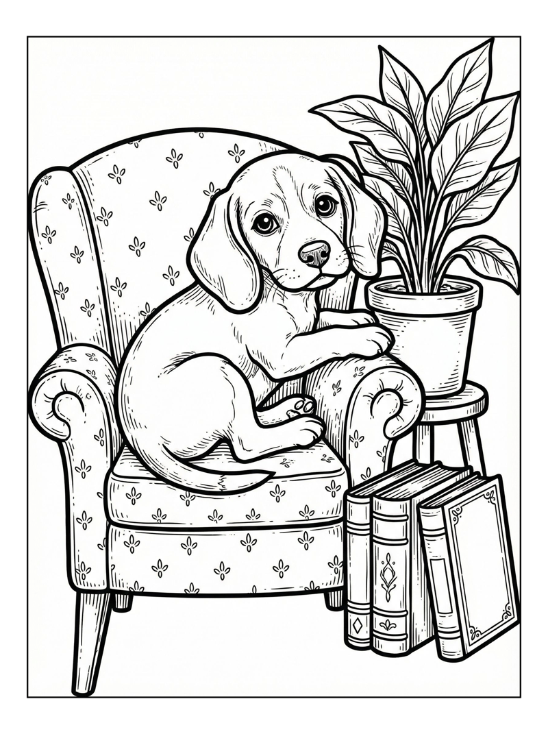 Beagle Puppy Sits In Armchair With Books