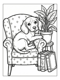 Beagle Puppy Sits In Armchair With Books
