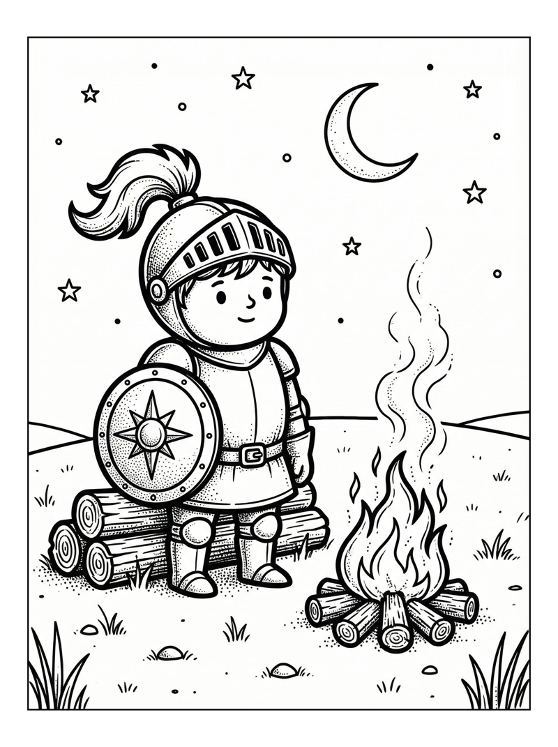 Knight Standing By Campfire Under Moon