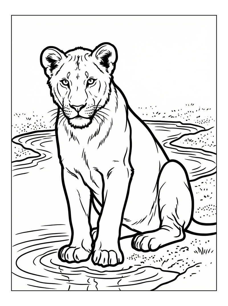 Adolescent Lion Sitting By Watering Hole