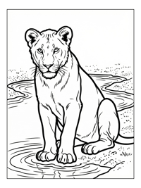 Adolescent Lion Sitting By Watering Hole