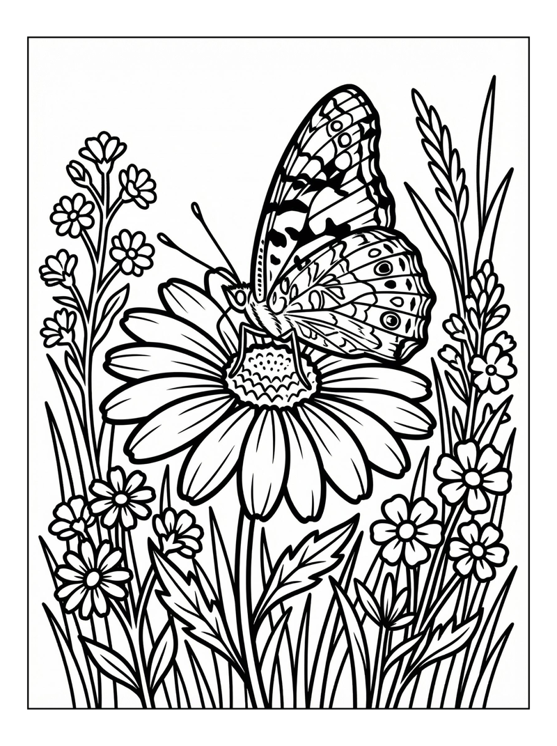 Painted Lady Butterfly Rests On Daisy Flower