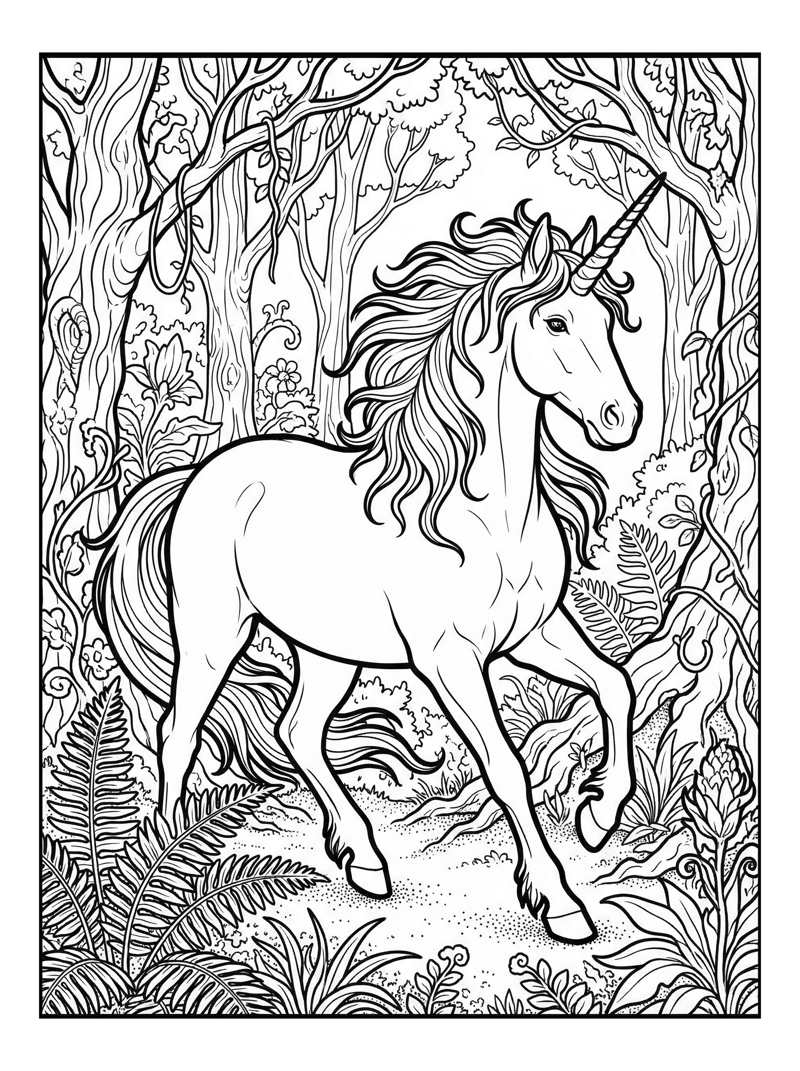 Unicorn Trotting Through Enchanted Forest