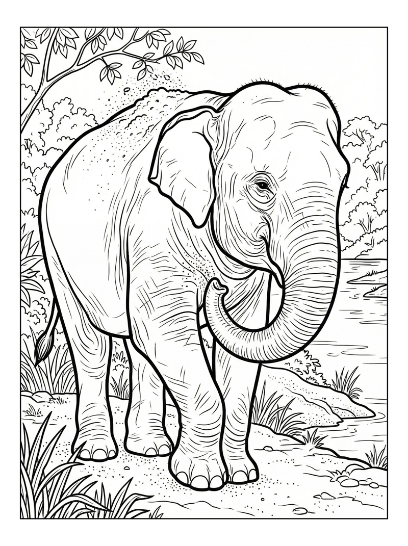 Asian Elephant Dusting By Riverbank