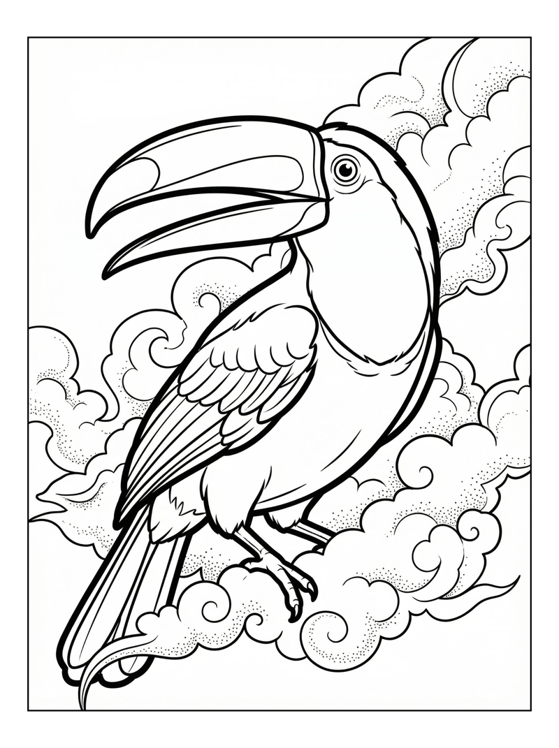 Toucan Soaring In Stylized Clouds