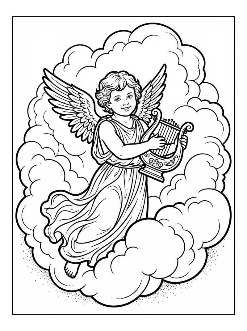 Smiling Cupid Playing Lyre In Clouds