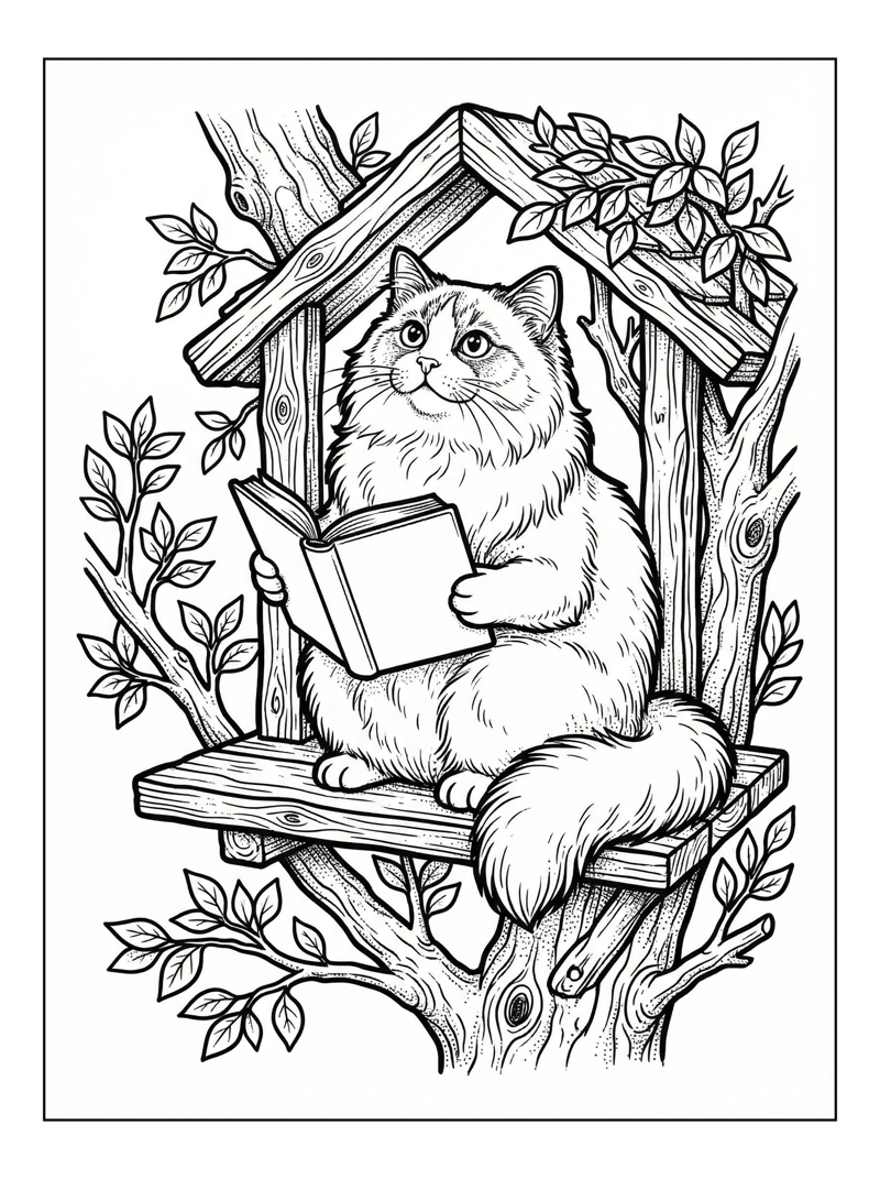 Ragdoll Cat Reads Book In Treehouse