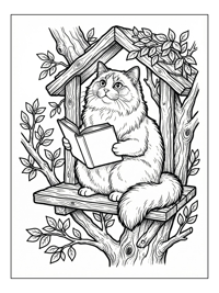 Ragdoll Cat Reads Book In Treehouse